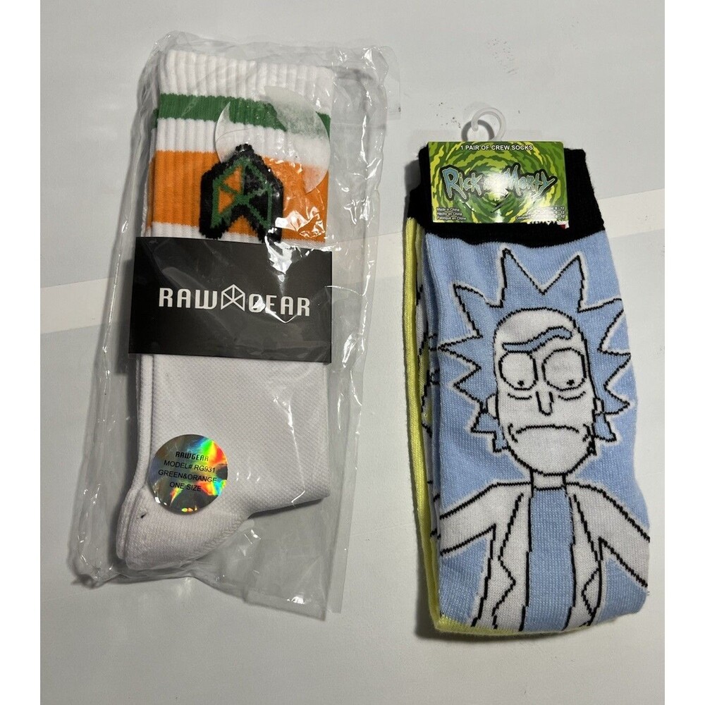 NEW  RICK and MORTY Size 6-12 ADULT SWIM & Raw Gear Retro Crew Socks Lot 0f 2